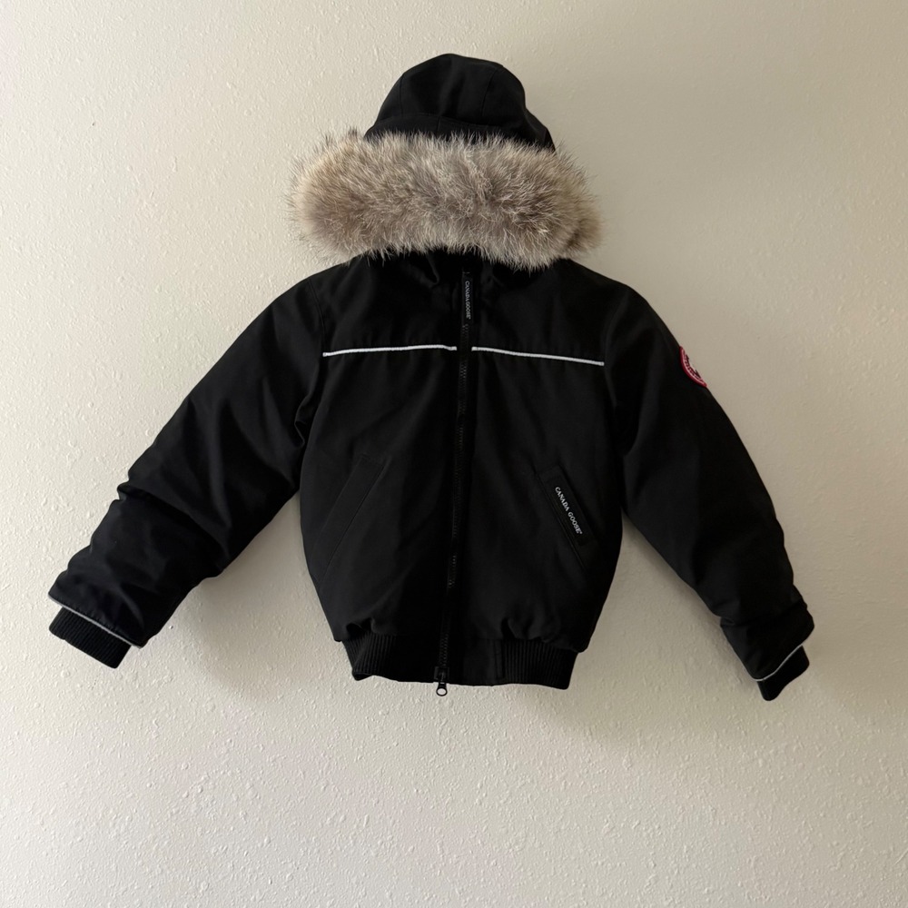 Canada Goose Kids Bomber Jacket Black Fur Hood Parka 7995K Size 6-7